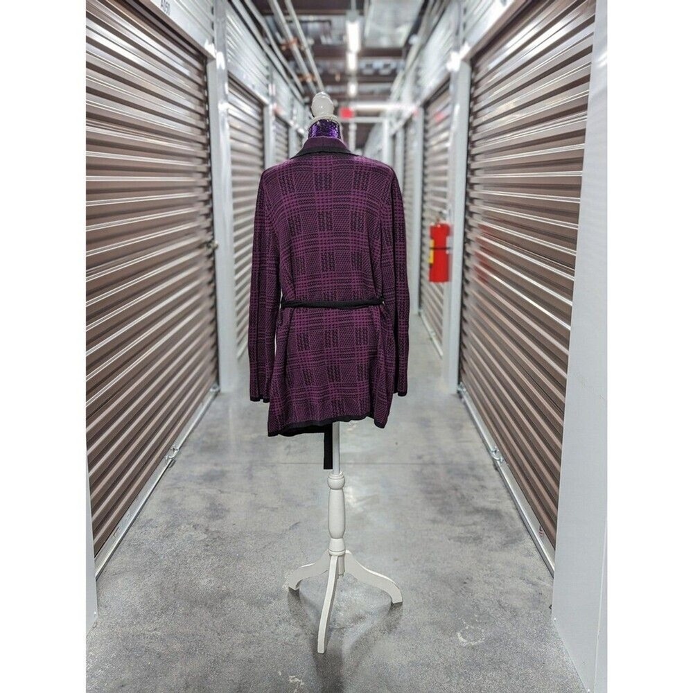 Purple & Black Houndstooth Collared Cardigan Sweater with Belt Quiet Luxury XL - Picture 6 of 9